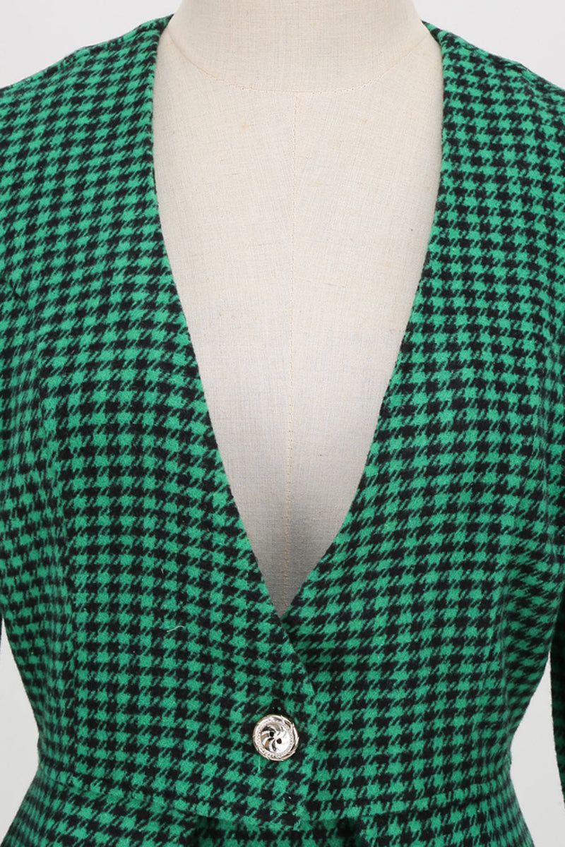 Załaduj obraz do przeglądarki galerii, Zielona Sukienka Vintage w Kratkę z Dlugim Rekawem