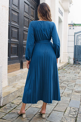 Niebieska sukienka w serek Casual Dress z szarfą