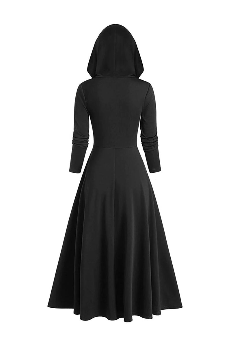 Załaduj obraz do przeglądarki galerii, Czarna długa sukienka z długim rękawem Na Halloween z kapturem