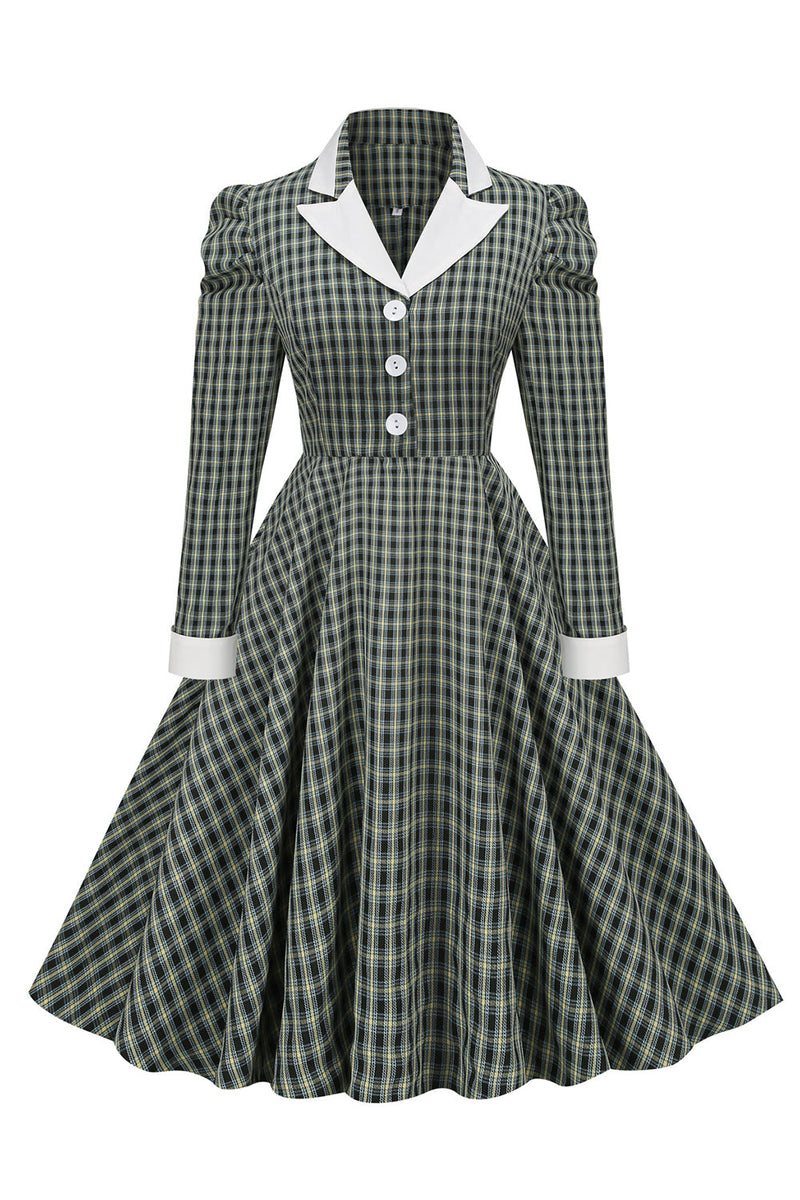Załaduj obraz do przeglądarki galerii, Vintage British Style Slim Fit Lapel Green Grid 1950s Sukienka