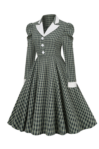 Vintage British Style Slim Fit Lapel Green Grid 1950s Sukienka