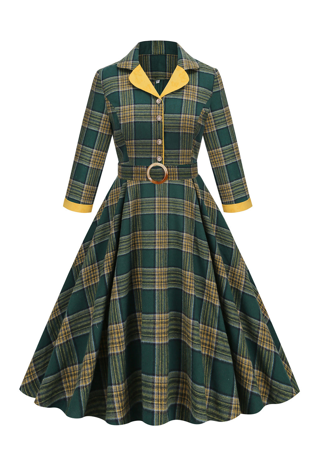 V Neck Green Grid Vintage Sukienka z rękawami 3/4