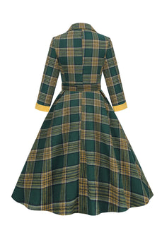 V Neck Green Grid Vintage Sukienka z rękawami 3/4