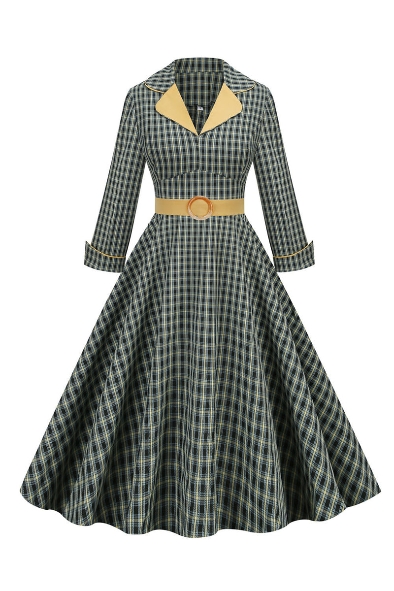 Załaduj obraz do przeglądarki galerii, A Line V Neck Green Grid 1950s Sukienka z rękawami 3/4
