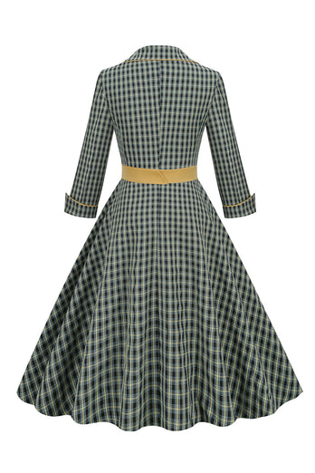 A Line V Neck Green Grid 1950s Sukienka z rękawami 3/4