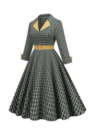 A Line V Neck Green Grid 1950s Sukienka z rękawami 3/4