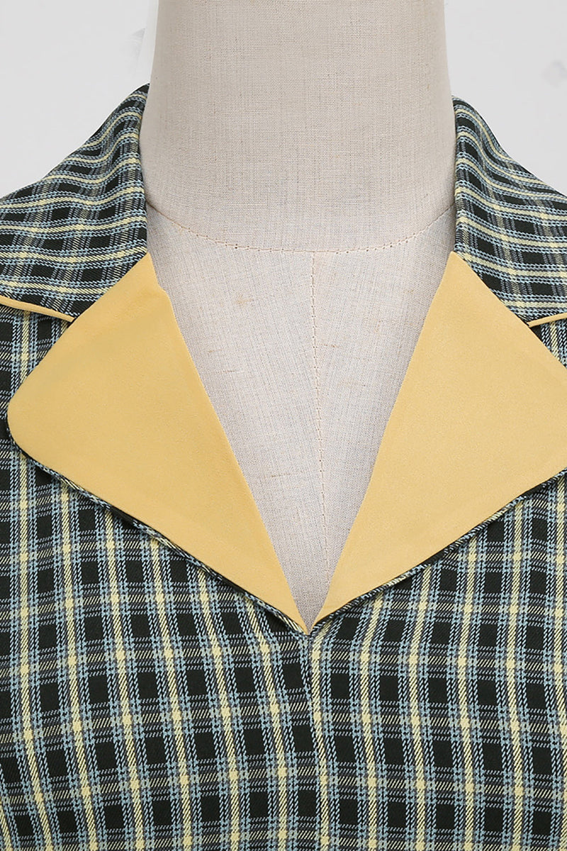 Załaduj obraz do przeglądarki galerii, A Line V Neck Green Grid 1950s Sukienka z rękawami 3/4