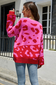 Bluza ze wzorem Loose Crew Neck Fuchsia Leopard