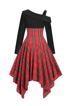 Czarna czerwona patchwork w kratę Asymetryczna sukienka vintage