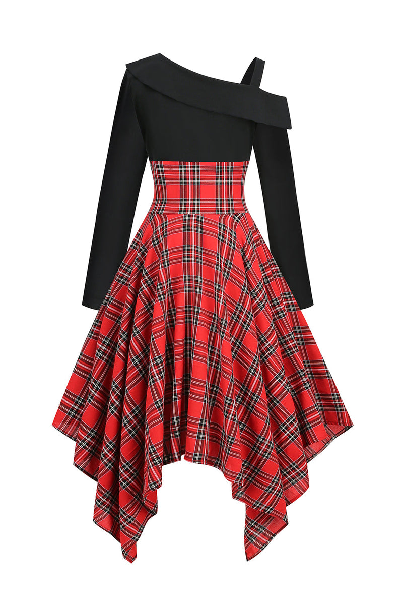 Załaduj obraz do przeglądarki galerii, Czarna czerwona patchwork w kratę Asymetryczna sukienka vintage