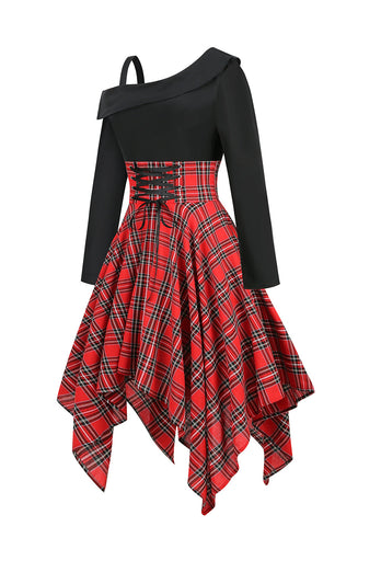 Czarna czerwona patchwork w kratę Asymetryczna sukienka vintage