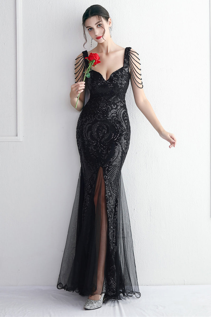Załaduj obraz do przeglądarki galerii, Cekinowa Czarna Syrenka Sukienki Na Studniówke