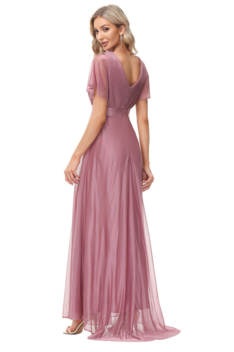 Załaduj obraz do przeglądarki galerii, Szyfonowa Szaro Różowa Dekolt V Sukienki Na Wesele Z Dlugim Rekawem