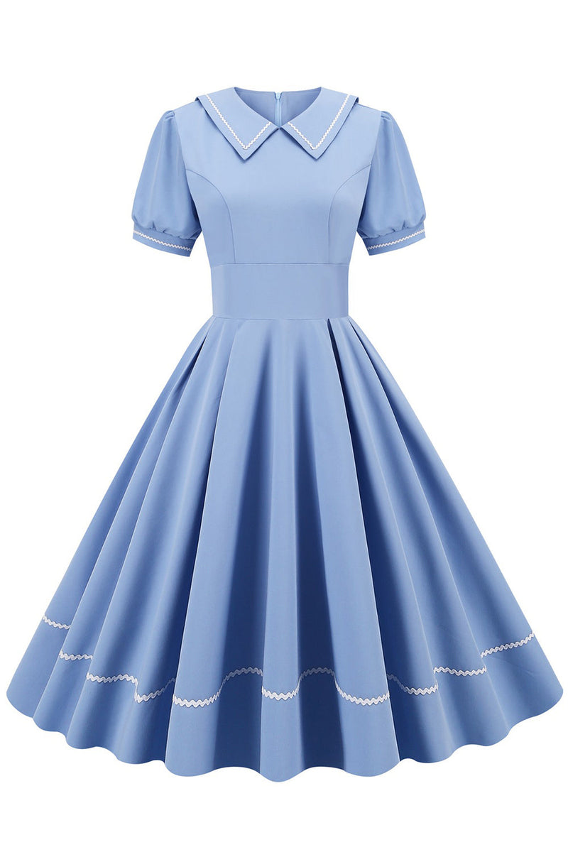 Załaduj obraz do przeglądarki galerii, Niebieska Sukienka Z Krótkimi Rękawami W Stylu Retro Z Lat 50