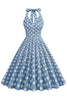 Załaduj obraz do przeglądarki galerii, Niebieska Sukienka W Stylu Hepburn W Kropki Z Lat 50