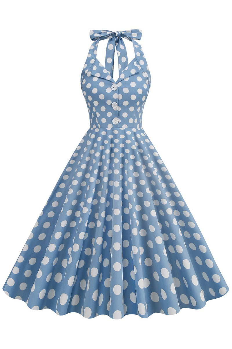 Załaduj obraz do przeglądarki galerii, Niebieska Sukienka W Stylu Hepburn W Kropki Z Lat 50