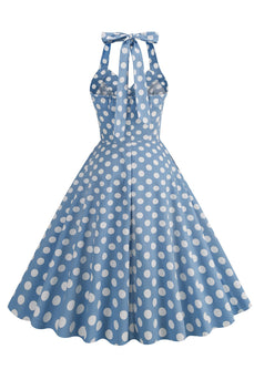 Niebieska Sukienka W Stylu Hepburn W Kropki Z Lat 50