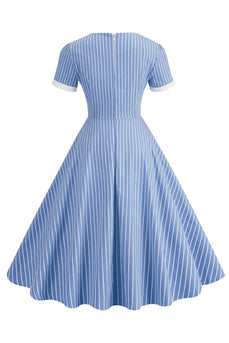 Niebieskie Sukienki Lata 50 z Krótki Rękaw