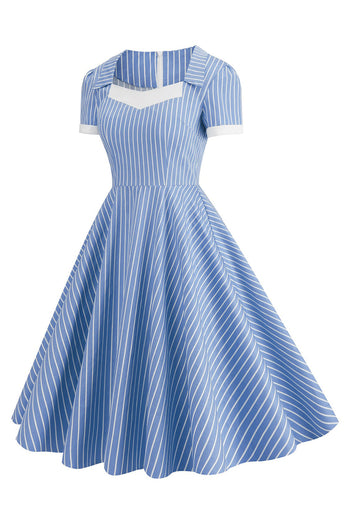 Niebieskie Sukienki Lata 50 z Krótki Rękaw