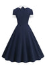 Załaduj obraz do przeglądarki galerii, Granatowa Sukienka Z Dekoltem W Szpic 1950s Sukienka Z Kokardą