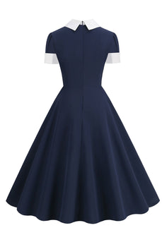 Granatowa Sukienka Z Dekoltem W Szpic 1950s Sukienka Z Kokardą