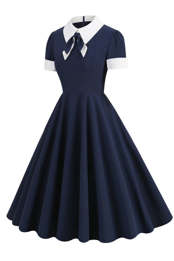 Granatowa Sukienka Z Dekoltem W Szpic 1950s Sukienka Z Kokardą