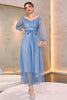 Załaduj obraz do przeglądarki galerii, Tiulowa Niebieska Dekolt V Sukienki Na Studniówke Z Dlugim Rekawem