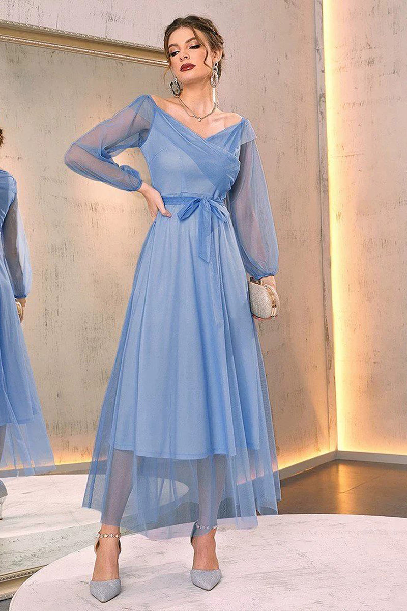 Załaduj obraz do przeglądarki galerii, Tiulowa Niebieska Dekolt V Sukienki Na Studniówke Z Dlugim Rekawem