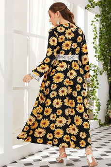 Żółta Kwiatowy Nadruk Sukienka Plus Size Z Dlugim Rekawem