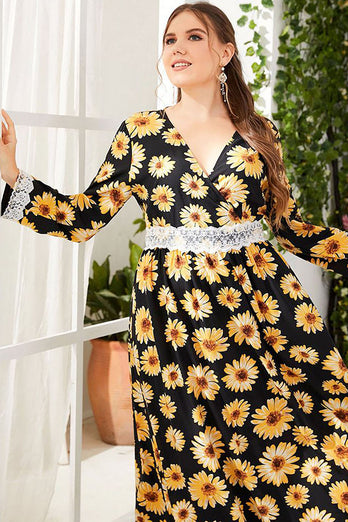 Żółta Kwiatowy Nadruk Sukienka Plus Size Z Dlugim Rekawem