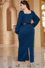 Załaduj obraz do przeglądarki galerii, Plus Size Ciemnoniebieska Kwadratowy Dekolt Sukienki Ołówkowe z Koralikami