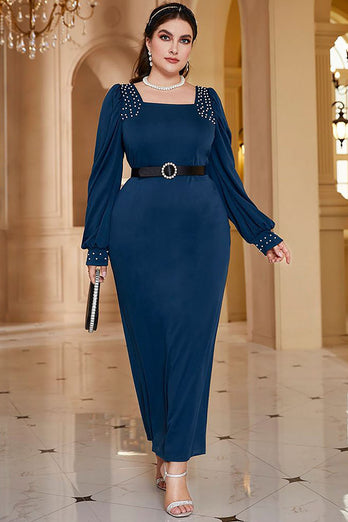 Plus Size Ciemnoniebieska Kwadratowy Dekolt Sukienki Ołówkowe z Koralikami