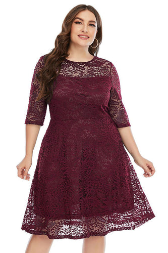 Plus Size Burgundia Sukienki Koronkowe z Krótki Rękaw