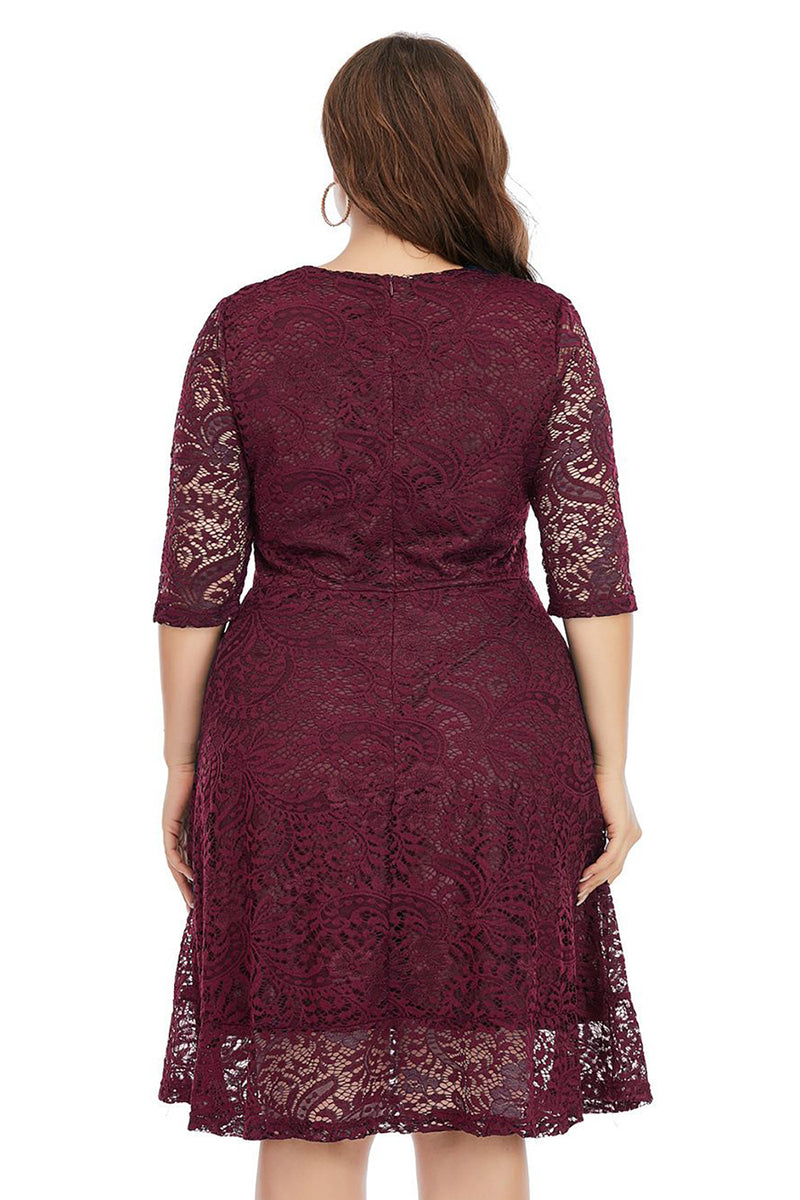 Załaduj obraz do przeglądarki galerii, Plus Size Burgundia Sukienki Koronkowe z Krótki Rękaw