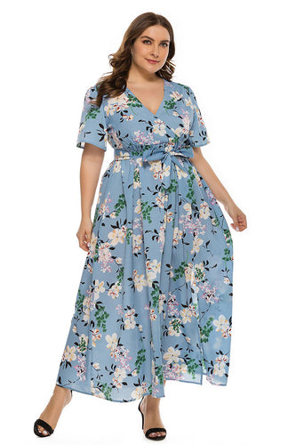 Plus Size Jasnoniebieska Kwiatowy Nadruk Sukienki Letnie z Krótki Rękaw