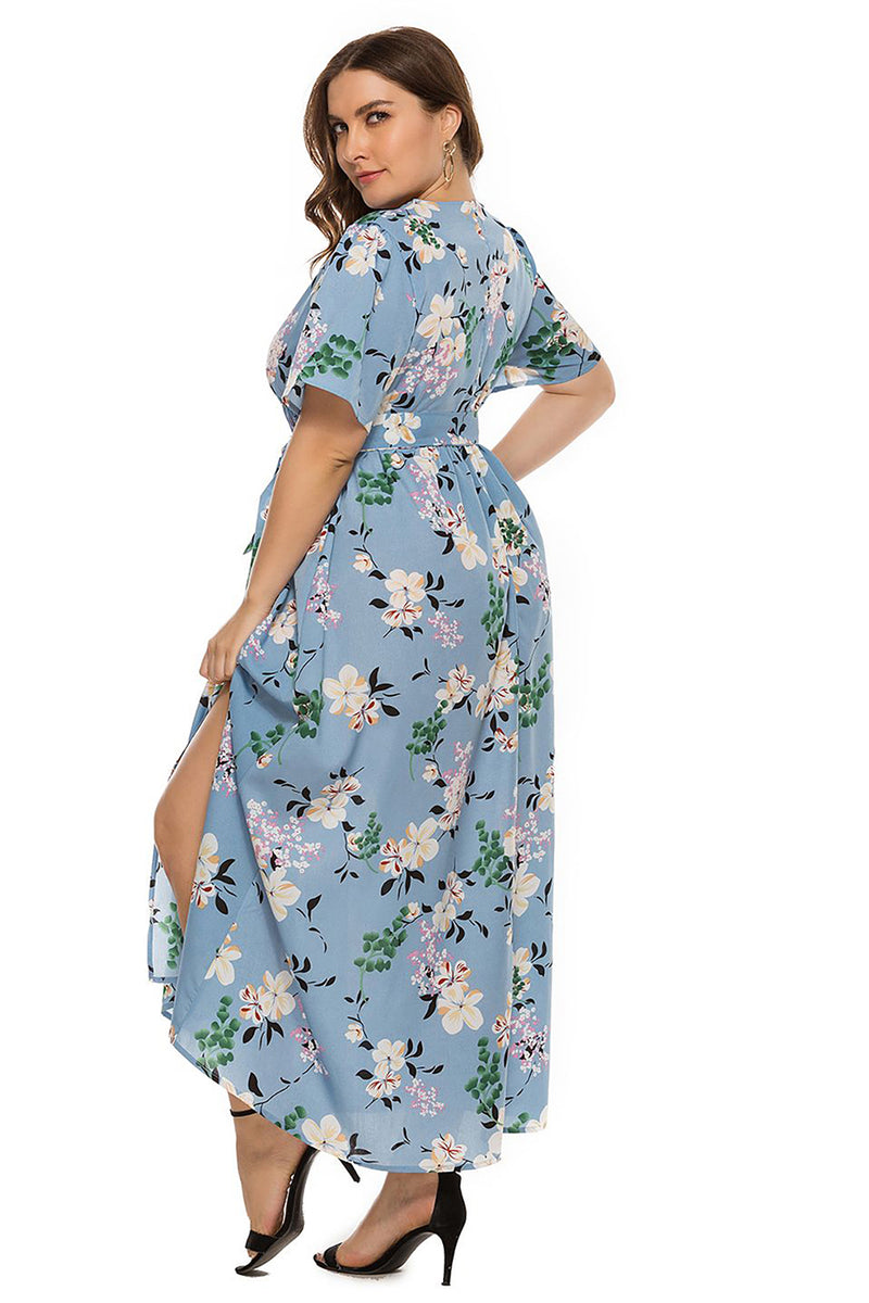 Załaduj obraz do przeglądarki galerii, Plus Size Jasnoniebieska Kwiatowy Nadruk Sukienki Letnie z Krótki Rękaw