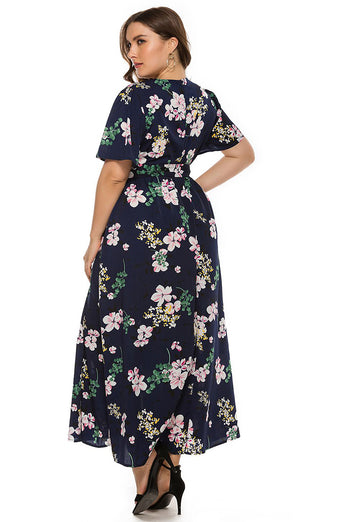 Plus Size Jasnoniebieska Kwiatowy Nadruk Sukienki Letnie z Krótki Rękaw