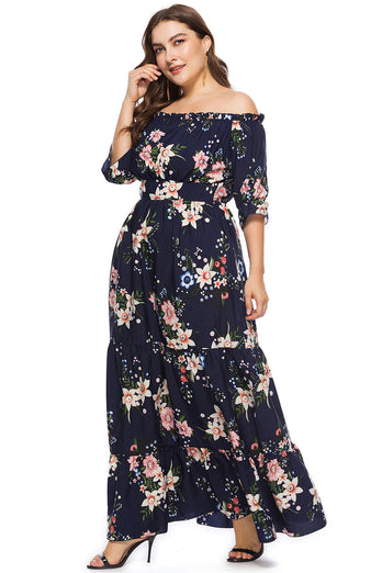 Granatowa Plus Size Kwiatowy Nadruk Sukienki Letnie z Odkrytymi Ramionami