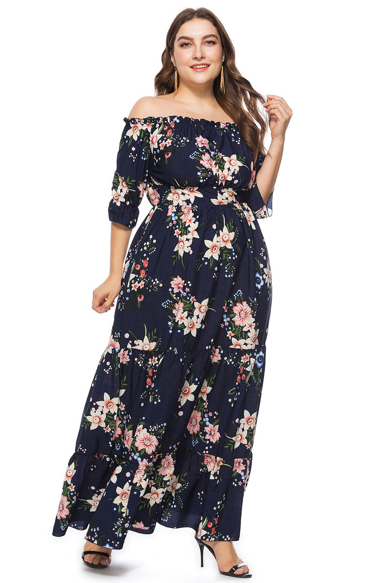Załaduj obraz do przeglądarki galerii, Granatowa Plus Size Kwiatowy Nadruk Sukienki Letnie z Odkrytymi Ramionami