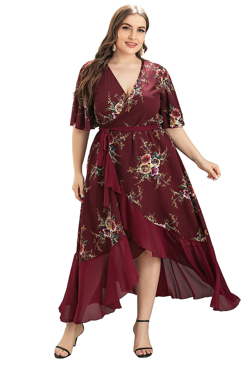 Załaduj obraz do przeglądarki galerii, Burgundia Dekolt V Plus Size Asymetryczne Sukienki Letnie z Krótki Rękaw