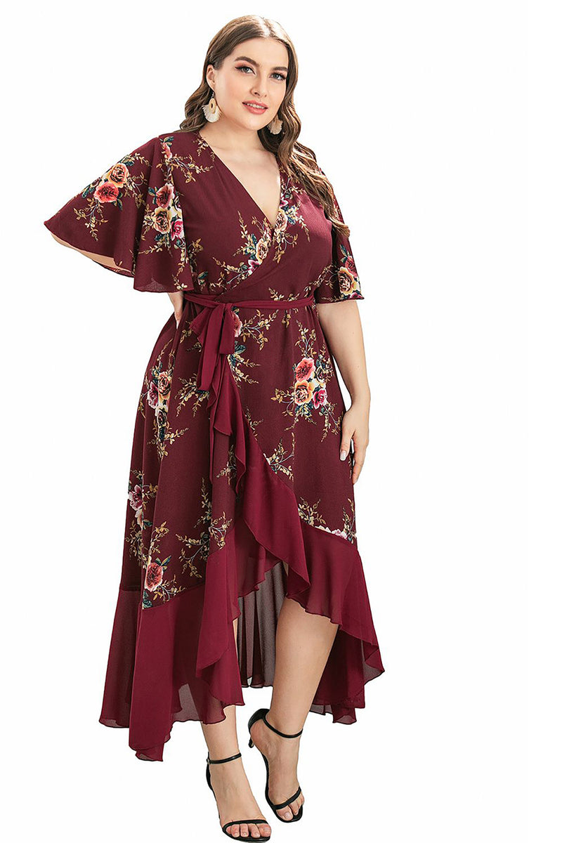 Załaduj obraz do przeglądarki galerii, Burgundia Dekolt V Plus Size Asymetryczne Sukienki Letnie z Krótki Rękaw