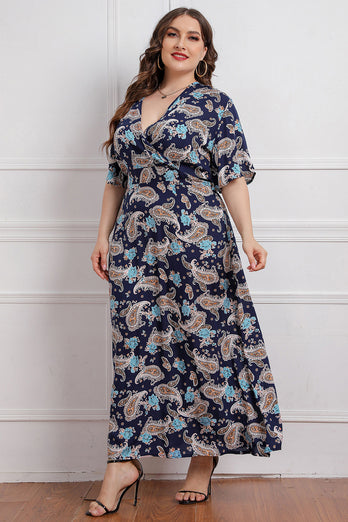 Plus Size Granatowa Sukienki Letnie z Krótki Rękaw