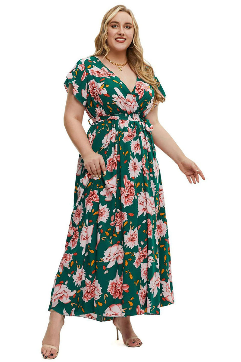 Załaduj obraz do przeglądarki galerii, Plus Size Kwiatowy Nadruk Zielona Sukienki Na Co Dzień z Krótki Rękaw