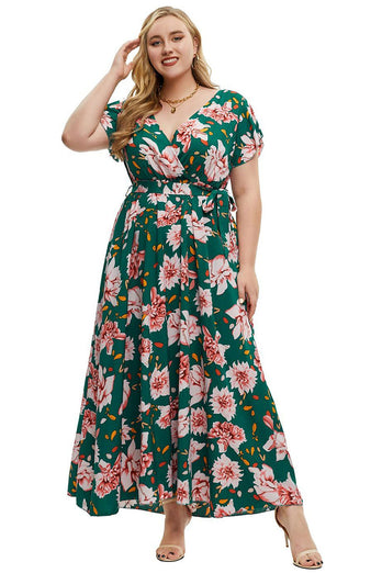 Plus Size Kwiatowy Nadruk Zielona Sukienki Na Co Dzień z Krótki Rękaw