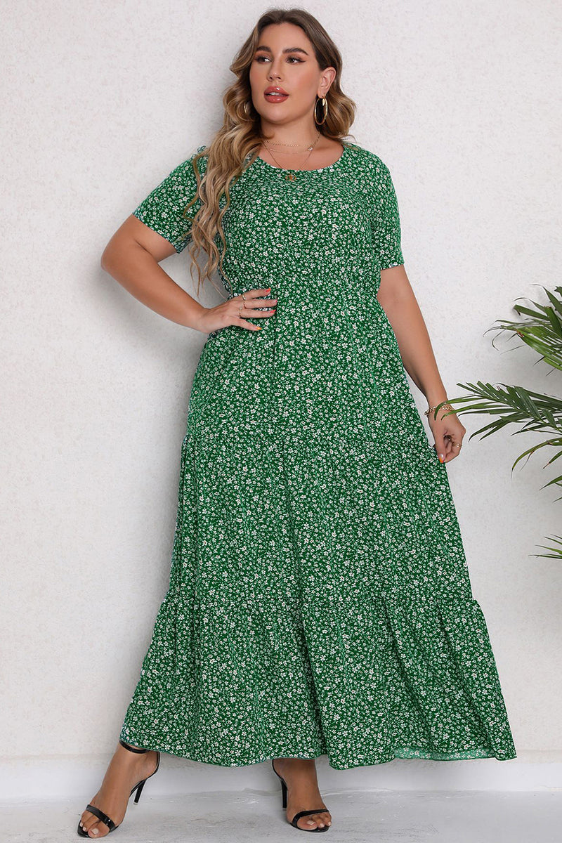 Załaduj obraz do przeglądarki galerii, Plus Size Kwiatowy Nadruk Zielona Maxi Sukienki Na Co Dzień