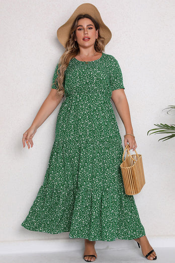 Plus Size Kwiatowy Nadruk Zielona Maxi Sukienki Na Co Dzień