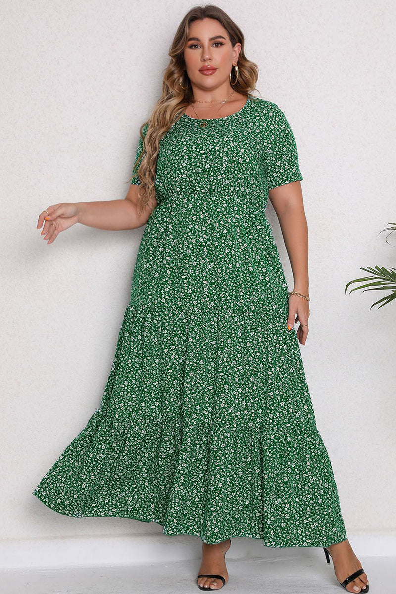 Załaduj obraz do przeglądarki galerii, Plus Size Kwiatowy Nadruk Zielona Maxi Sukienki Na Co Dzień
