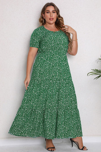 Plus Size Kwiatowy Nadruk Zielona Maxi Sukienki Na Co Dzień