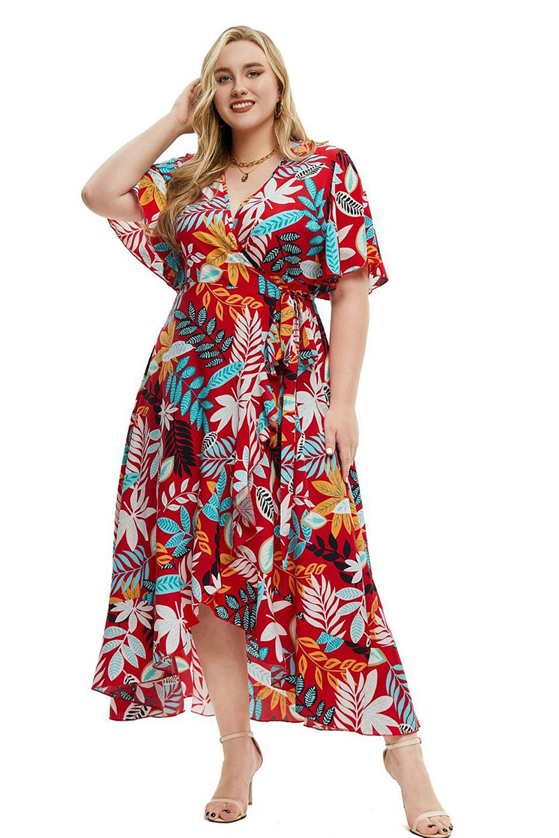 Załaduj obraz do przeglądarki galerii, Czerwona Dekolt V Plus Size Sukienki Letnie z Krótki Rękaw