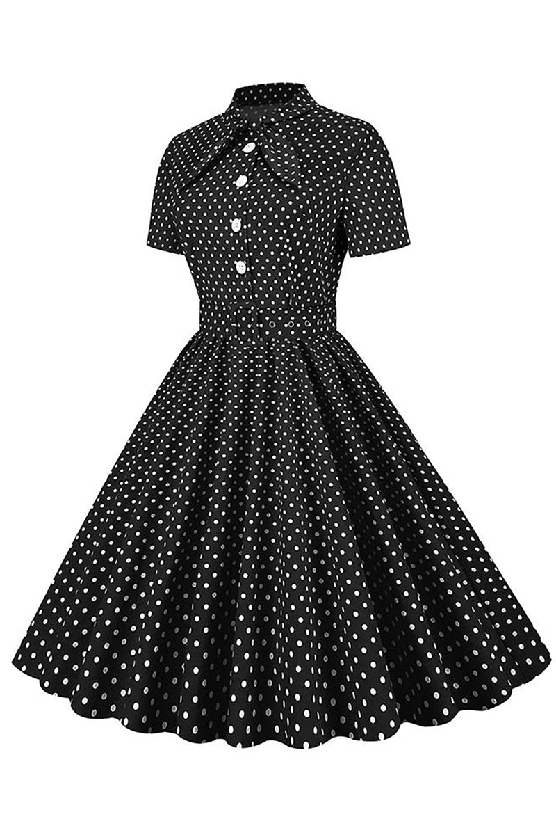 Załaduj obraz do przeglądarki galerii, Czarna Sukienka W Groszki Vintage Z Krótkim Rękawem